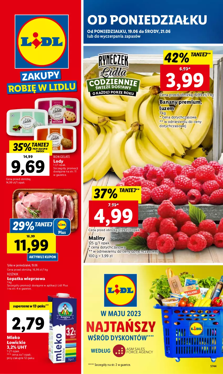 Gazetka promocyjna Lidl - GAZETKA - ważna 19.06 do 21.06.2023 - strona 1 - produkty: Banany, Lody, Maliny, Mleko, Por