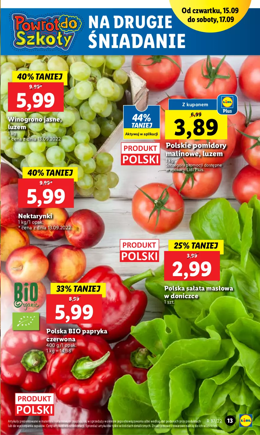 Gazetka promocyjna Lidl - GAZETKA - ważna 15.09 do 17.09.2022 - strona 13 - produkty: Masło, Nektar, Papryka, Papryka czerwona, Pomidory, Sałat, Sałata masłowa, Wino