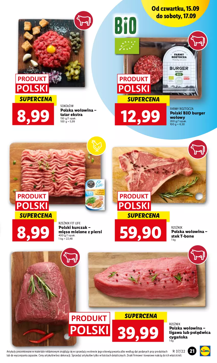 Gazetka promocyjna Lidl - GAZETKA - ważna 15.09 do 17.09.2022 - strona 21 - produkty: Burger, Fa, Kurczak, Mięso, Mięso mielone, Polędwica, Sok, Sokołów, Stek, Wołowina