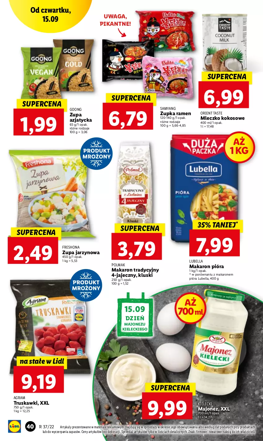 Gazetka promocyjna Lidl - GAZETKA - ważna 15.09 do 17.09.2022 - strona 40 - produkty: Bell, Bella, Gra, Kokos, Lubella, Majonez, Makaron, Mleczko, Olma, Por, Truskawki, Waga, Zupa