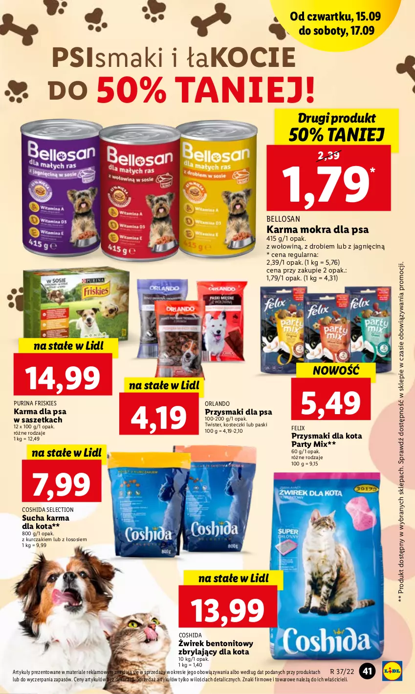 Gazetka promocyjna Lidl - GAZETKA - ważna 15.09 do 17.09.2022 - strona 41 - produkty: Bell, Felix, Friskies, Koc, Kurczak, Przysmaki, Pur, Purina, Sos, Sucha karma