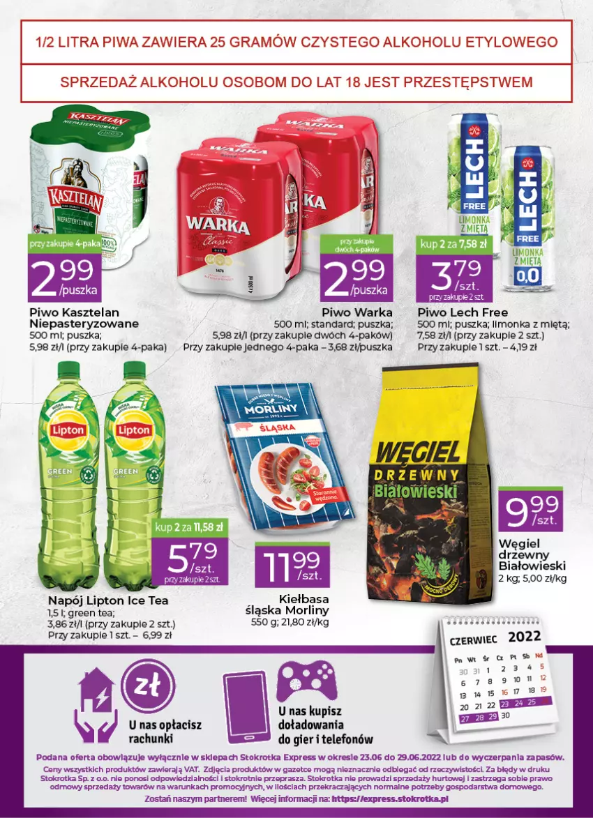 Gazetka promocyjna Stokrotka - Stokrotka Express - ważna 23.06 do 29.06.2022 - strona 4 - produkty: Kasztelan, Kiełbasa, Limonka, Lipton, Morliny, Napój, Piwo, Telefon, Warka