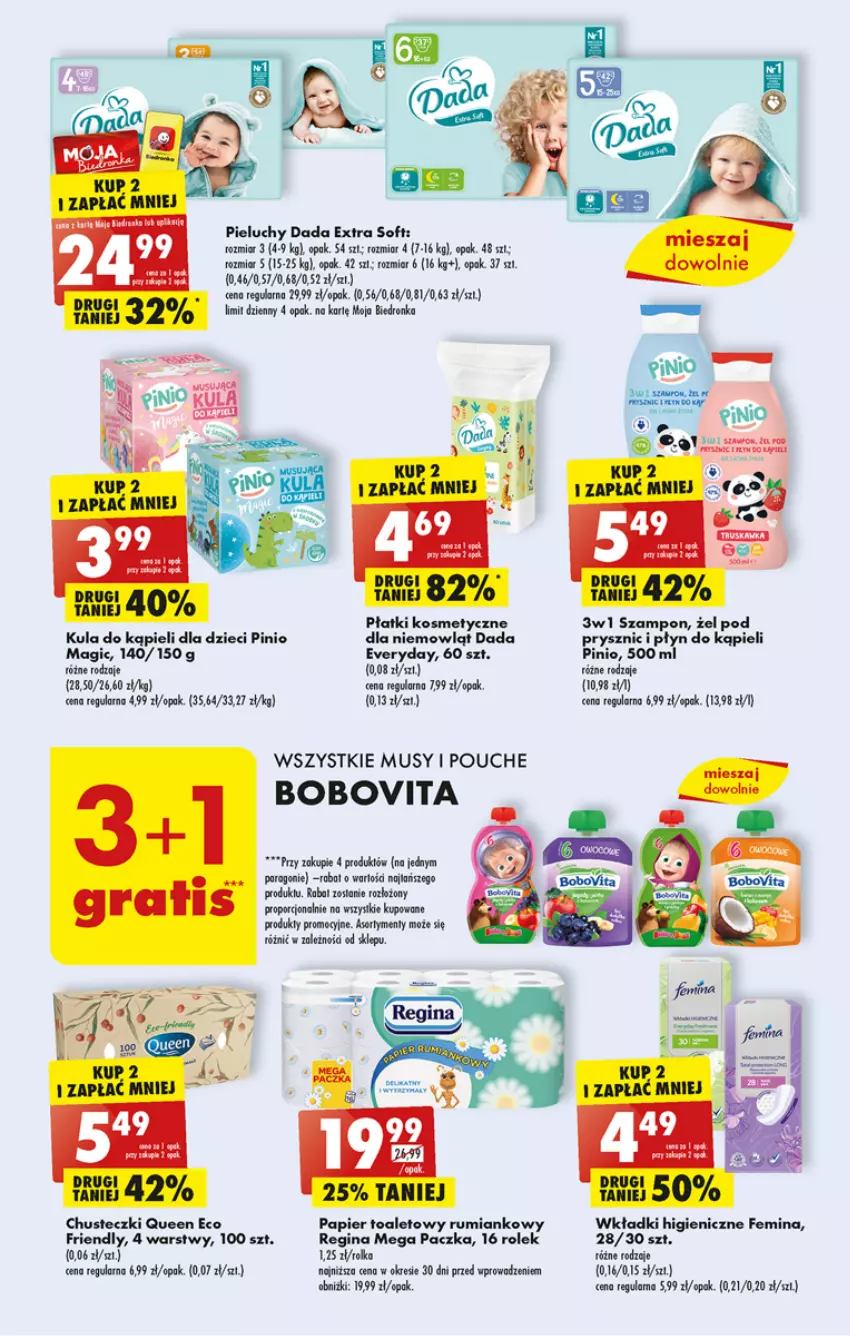 Gazetka promocyjna Biedronka - Od poniedzialku - ważna 14.08 do 19.08.2023 - strona 39 - produkty: Ba!, BoboVita, Chusteczki, Dada, Dzieci, Gin, Kula do kąpieli, Mus, Papier, Papier toaletowy, Pieluchy, Płatki kosmetyczne, Płyn do kąpieli, Por, Rum, Szampon, Wkładki