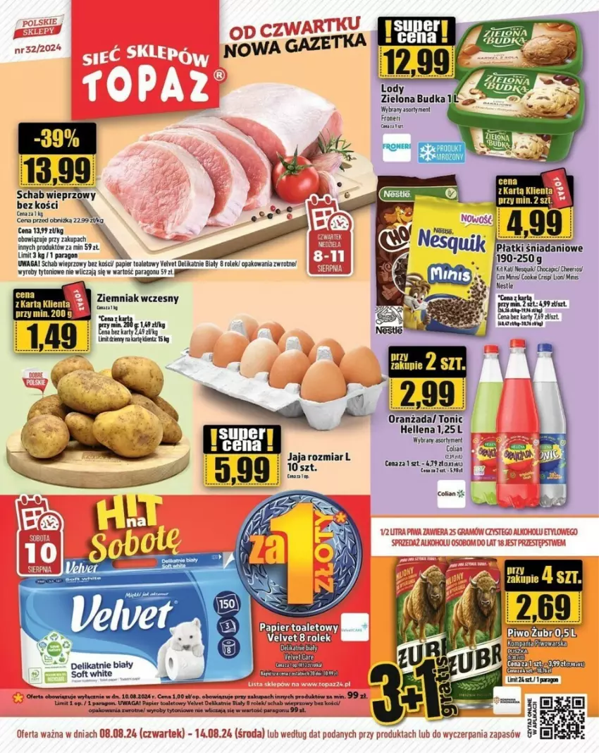 Gazetka promocyjna Topaz - ważna 08.08 do 14.08.2024 - strona 1 - produkty: Cheerios, Fa, Gra, Hellena, Jaja, Oranżada, Papier, Papier toaletowy, Piwa, Velvet, Waga