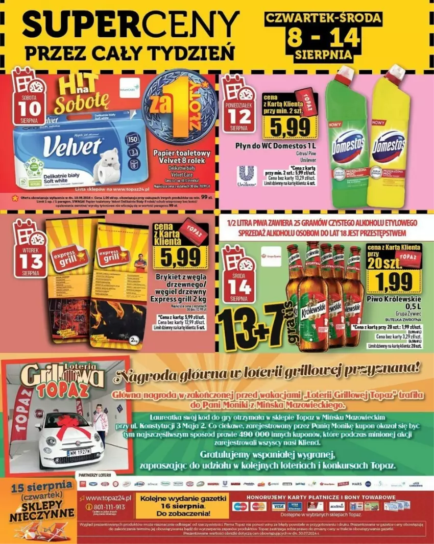 Gazetka promocyjna Topaz - ważna 08.08 do 14.08.2024 - strona 21 - produkty: Domestos, Fa, Gra, Grill, Mars, Olej, Piwo, Płyn do wc, Schab wieprzowy, Top, Waga, Węgiel drzewny