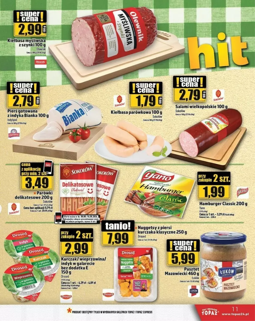 Gazetka promocyjna Topaz - ważna 08.08 do 14.08.2024 - strona 3 - produkty: Bianka, Burger, Fa, Gala, Kiełbasa, Kurczak, Mus, Olewnik, Parówki, Por, Salami, Sok, Sokołów, Top, Wieprzowina