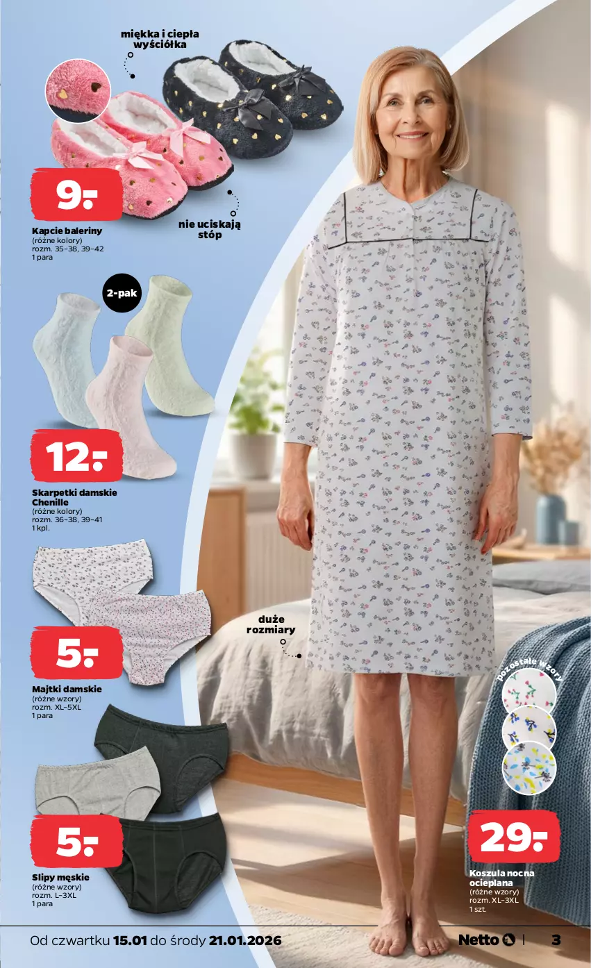 Gazetka promocyjna Netto - Od Czwartku - ważna 15.01 do 21.01.2026 - strona 3 - produkty: Baleriny, Kapcie, Karp, Kosz, Koszula, Koszula nocna, LANA, Majtki, Skarpetki, Slipy