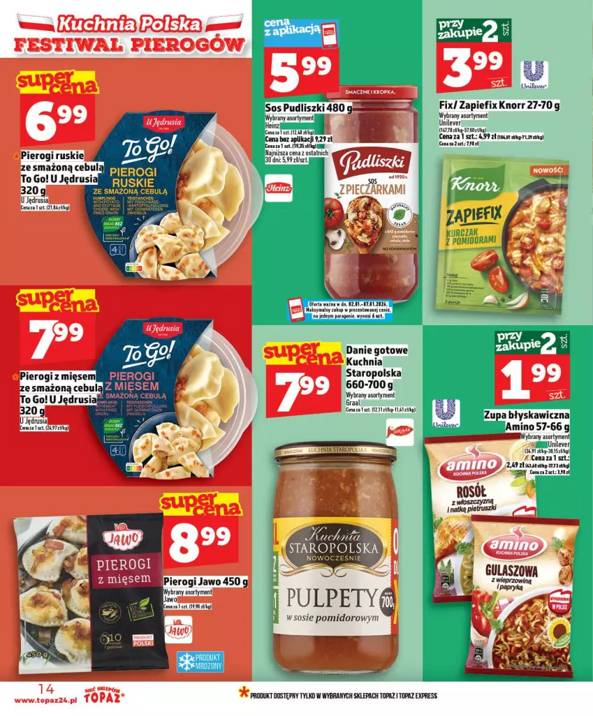 Gazetka promocyjna Topaz - Gazetka - ważna 02.01 do 07.01.2026 - strona 14 - produkty: Danie gotowe, Gra, Graal, Knorr, Kuchnia, Kuchnia Staropolska, Pierogi, Pulpety, Sos, Top
