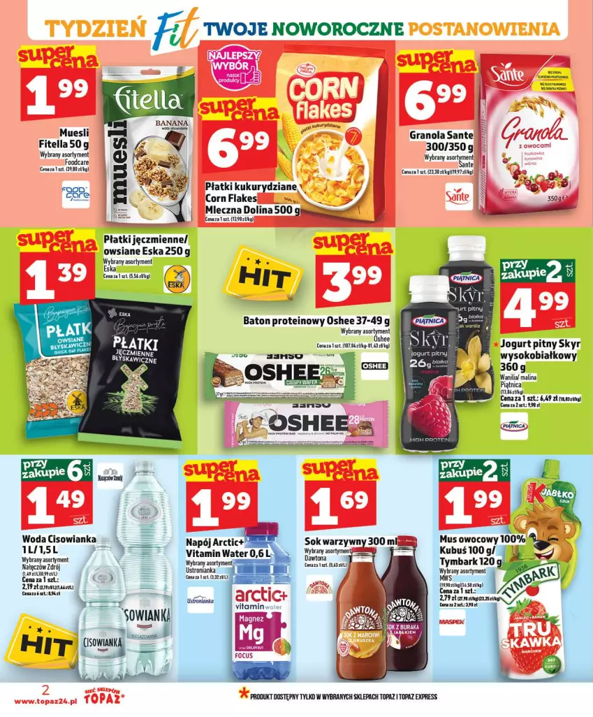 Gazetka promocyjna Topaz - Gazetka - ważna 02.01 do 07.01.2026 - strona 2 - produkty: Baton, Cisowianka, Corn flakes, Gra, Granola, Jogurt, Jogurt pitny, Kubuś, Magnez, Miecz, Napój, Oshee, Piątnica, Sante, Sok, Top, Tymbark, Woda