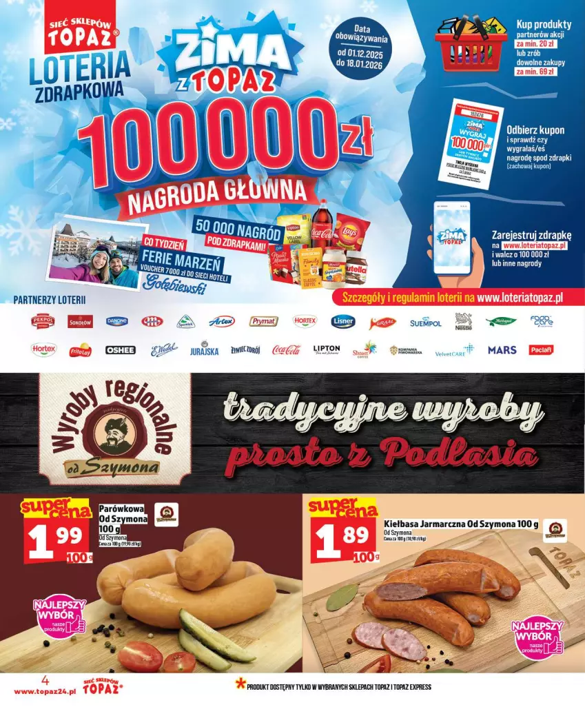 Gazetka promocyjna Topaz - Gazetka - ważna 02.01 do 07.01.2026 - strona 4 - produkty: Gra, Kiełbasa, Lipton, Mars, Top