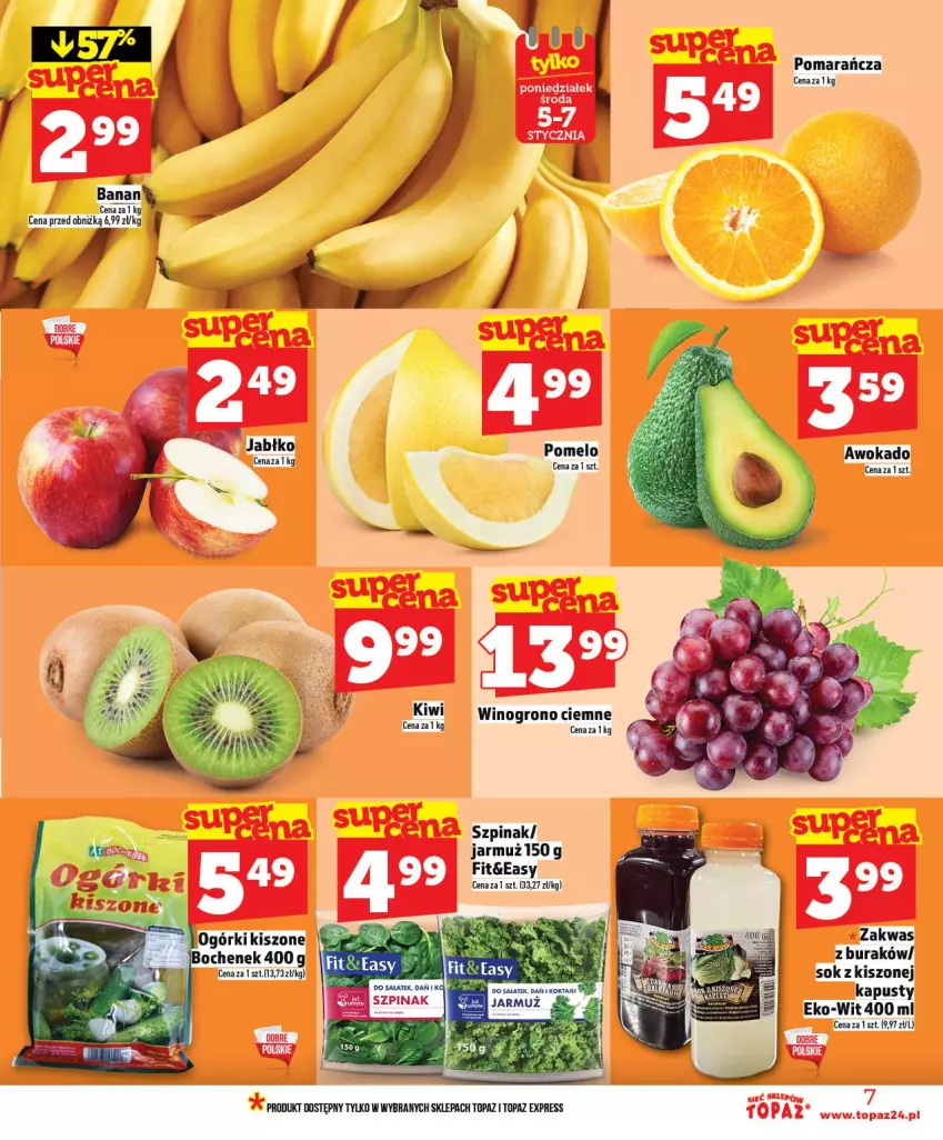 Gazetka promocyjna Topaz - Gazetka - ważna 02.01 do 07.01.2026 - strona 7 - produkty: Banany, Jarmuż, Kiwi, Pomelo, Sok, Szpinak, Top, Wino