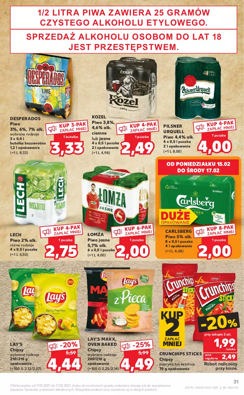 Gazetka promocyjna Kaufland - OFERTA TYGODNIA - ważna 11.02 do 17.02.2021 - strona 31 - produkty: Carlsberg, Chipsy, Crunchips, Desperados, Ketchup, Kozel, Papryka, Pilsner Urquell, Piwa, Piwo, Piwo jasne