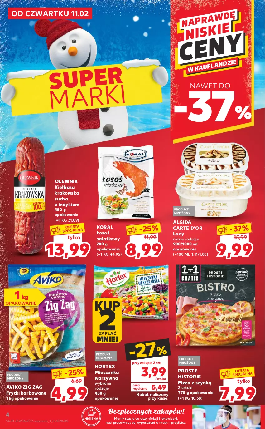 Gazetka promocyjna Kaufland - OFERTA TYGODNIA - ważna 11.02 do 17.02.2021 - strona 4 - produkty: Algida, BIC, Carte d'Or, Frytki, Hortex, Kiełbasa, Kiełbasa krakowska, LG, Lody, Mieszanka warzyw, Olewnik, Piec, Pizza, Sałat