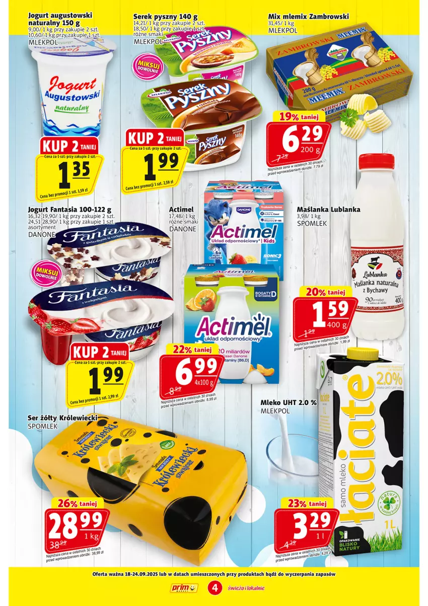 Gazetka promocyjna Prim Market - ważna 18.09 do 24.09.2025 - strona 4 - produkty: Actimel, Danone, Fa, Fanta, Jogurt, Maślanka, Mleko, Mlemix Zambrowski, Ser, Serek