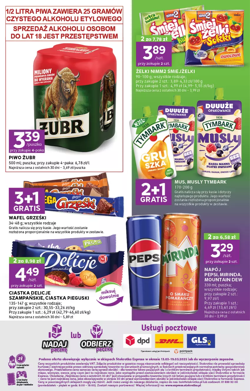 Gazetka promocyjna Stokrotka - Stokrotka Express - ważna 13.03 do 19.03.2025 - strona 4 - produkty: Ciastka, Delicje, Gra, Grześki, Mięso, Mirinda, Mus, Nimm2, O nas, Owoce, Pepsi, Piwo, Por, Pur, Tymbark, Wagi, Warzywa