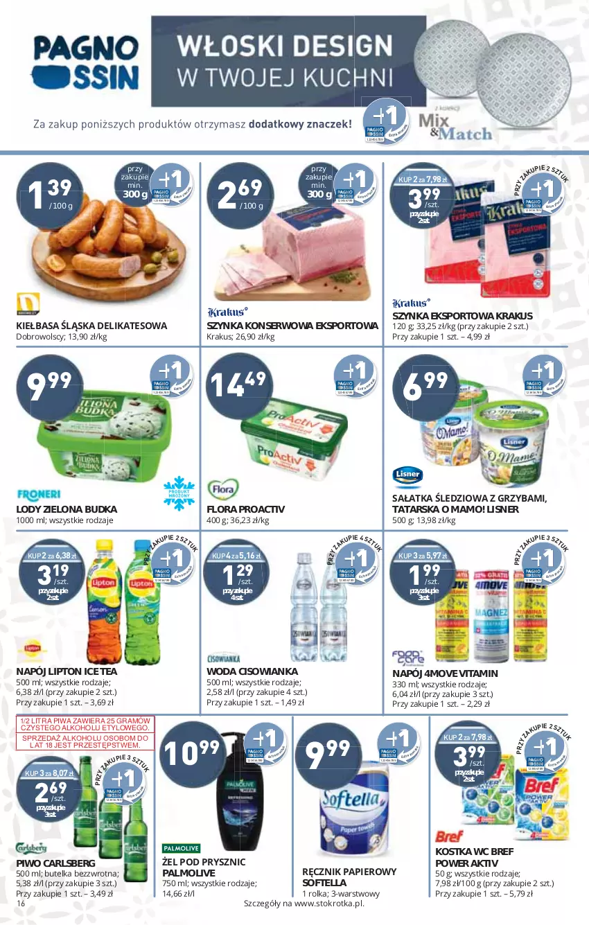 Gazetka promocyjna Stokrotka - Supermarket - ważna 22.12 do 28.12.2021 - strona 16 - produkty: Bref, Carlsberg, Cisowianka, Flora, Gra, Ice tea, Krakus, Lipton, Lisner, Lody, Napój, Palmolive, Piwa, Piwo, Por, Ser, Sport, Szynka, Szynka konserwowa, Woda, Zielona Budka