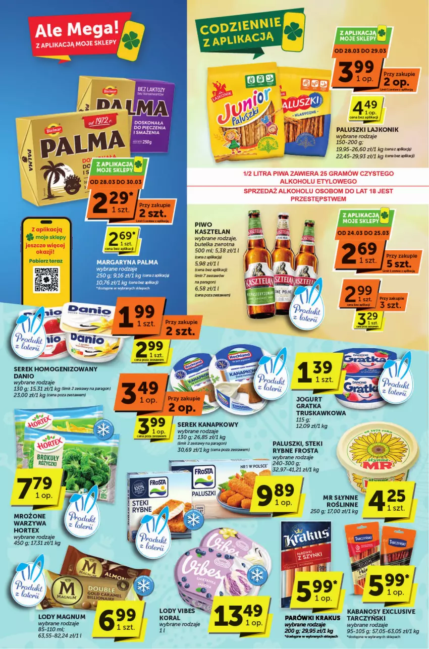 Gazetka promocyjna ABC - ważna 20.03 do 01.04.2025 - strona 6 - produkty: Danio, Fa, Frosta, Gra, Hortex, Jogurt, Kabanos, Kasztelan, Krakus, Lajkonik, Lody, Margaryna, Palma, Parówki, Piwo, Ser, Serek, Serek homogenizowany, Serek kanapkowy, Stek, Warzywa