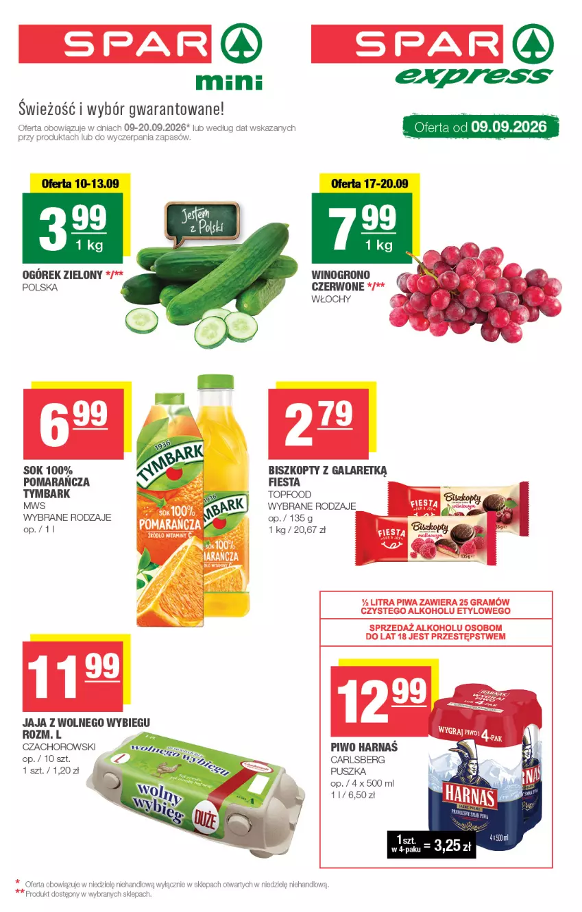 Gazetka promocyjna Spar - Spar-Mini - ważna 09.09 do 20.09.2026 - strona 1 - produkty: Biszkopty, Carlsberg, Gala, Gra, Harnaś, Jaja, Jaja z wolnego wybiegu, Ogórek, Piwa, Piwo, Sok, Top, Tymbark, Wino