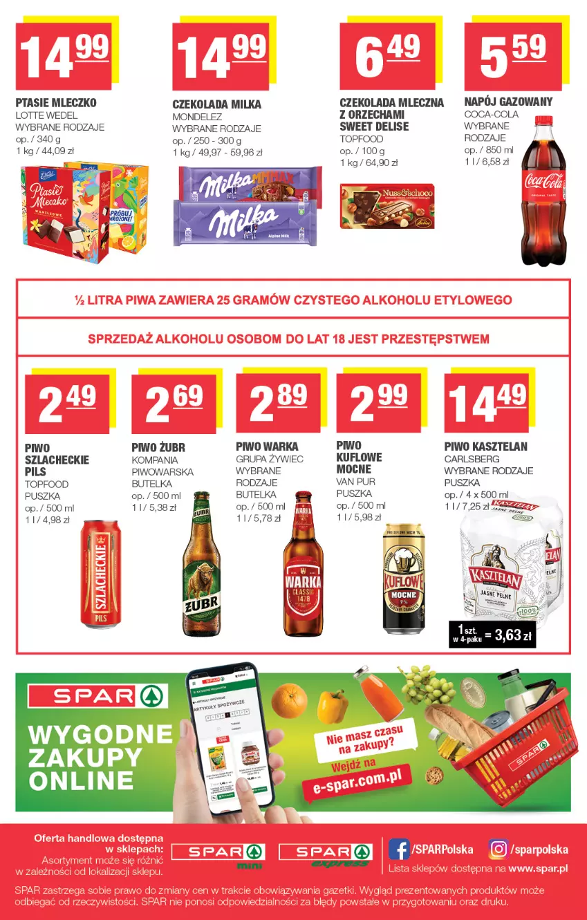 Gazetka promocyjna Spar - Spar-Mini - ważna 09.09 do 20.09.2026 - strona 4 - produkty: Carlsberg, Coca-Cola, Czekolada, Czekolada mleczna, Kasztelan, Milka, Mleczko, Napój, Napój gazowany, Piwo, Ptasie mleczko, Pur, Top, Warka