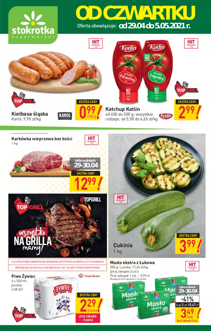 Gazetka promocyjna Stokrotka - Supermarket - ważna 29.04 do 05.05.2021 - strona 1 - produkty: Gra, Karkówka wieprzowa, Ketchup, Kiełbasa, Kiełbasa śląska, Kotlin, Masło, Piwa, Piwo