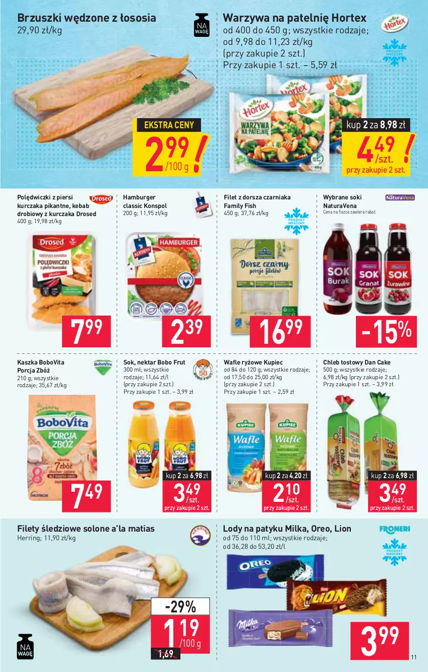 Gazetka promocyjna Stokrotka - Supermarket - ważna 29.04 do 05.05.2021 - strona 11 - produkty: BoboVita, Burger, Chleb, Chleb tostowy, Dan Cake, Dorsz, Fa, Hamburger, Hortex, Kebab, Kupiec, Kurczak, Lion, Lody, Milka, Nektar, Oreo, Piec, Por, Ryż, Sok, Sos, Wafle, Warzywa