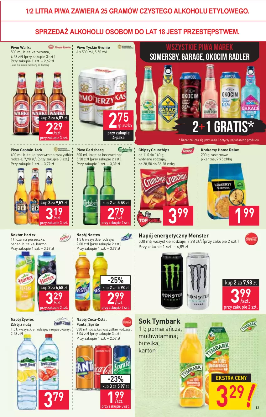 Gazetka promocyjna Stokrotka - Supermarket - ważna 29.04 do 05.05.2021 - strona 13 - produkty: Captain Jack, Carlsberg, Chipsy, Coca-Cola, Crunchips, Fa, Fanta, Gra, Hortex, Koc, Krakersy, Napój, Napój energetyczny, Nektar, Nestea, Okocim, Piwa, Piwo, Por, Radler, Sezam, Sok, Somersby, Sprite, Tymbark, Tyskie, Warka