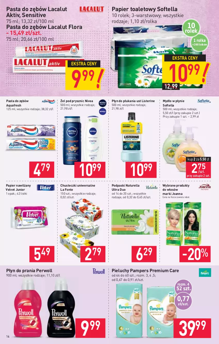 Gazetka promocyjna Stokrotka - Supermarket - ważna 29.04 do 05.05.2021 - strona 14 - produkty: Aquafresh, Chusteczki, Flora, Joanna, Lacalut, Listerine, Mydło, Mydło w płynie, Naturell, Naturella, Nivea, Pampers, Papier, Papier toaletowy, Pasta do zębów, Perwoll, Pieluchy, Płyn do płukania, Płyn do prania, Podpaski, Velvet