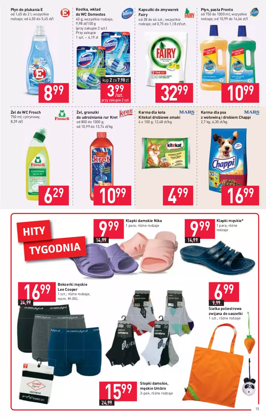 Gazetka promocyjna Stokrotka - Supermarket - ważna 29.04 do 05.05.2021 - strona 15 - produkty: Bokserki, Chappi, Domestos, Fa, Fairy, Frosch, Gra, KiteKat, Klapki, Kret, Płyn do płukania, Pronto, Ser, Siatka, Top