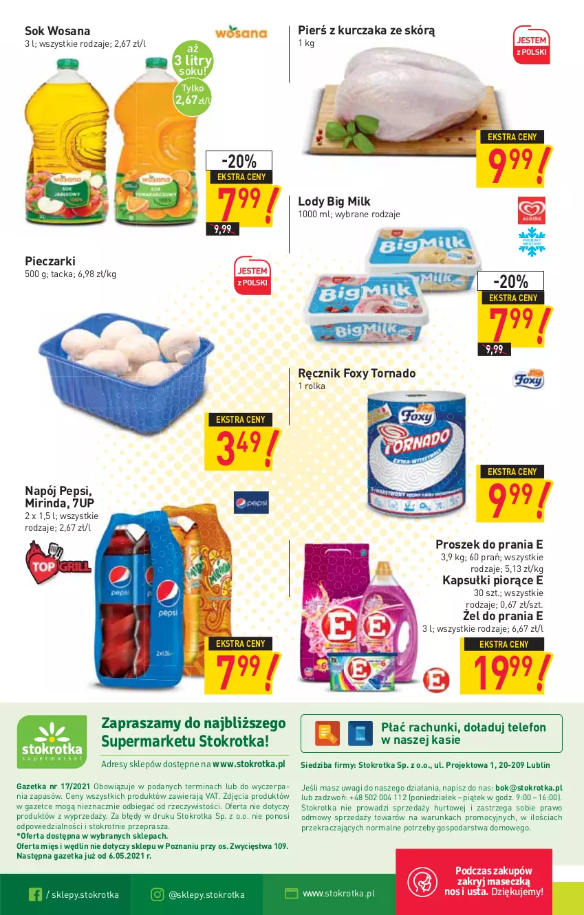 Gazetka promocyjna Stokrotka - Supermarket - ważna 29.04 do 05.05.2021 - strona 16 - produkty: 7up, Big Milk, Foxy, Kurczak, Lody, Mirinda, Napój, O nas, Pepsi, Piec, Proszek do prania, Ręcznik, Sok, Telefon, Wagi, Wosana