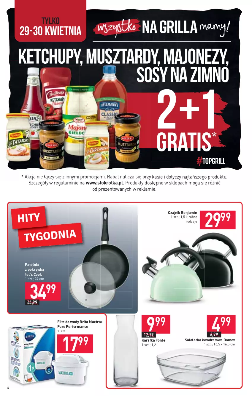 Gazetka promocyjna Stokrotka - Supermarket - ważna 29.04 do 05.05.2021 - strona 4 - produkty: Brit, Brita, Brita Maxtra, Czajnik, Gra, Karafka, Ketchup, Majonez, Mus, Patelnia, Pur, Salaterka, Sos