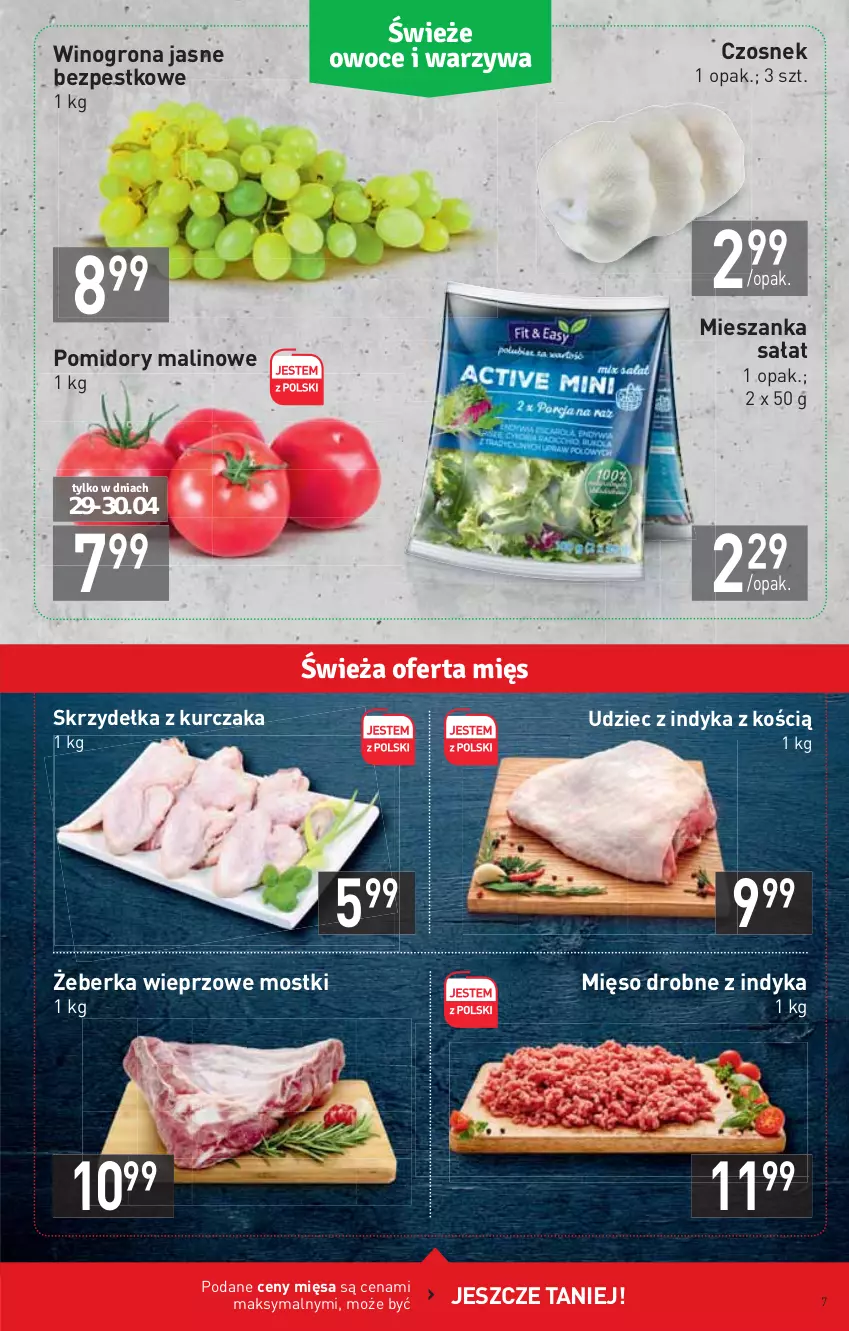 Gazetka promocyjna Stokrotka - Supermarket - ważna 29.04 do 05.05.2021 - strona 7 - produkty: Czosnek, Kurczak, Mięso, Mieszanka sałat, Pomidory, Sałat, Skrzydełka z kurczaka, Udziec z indyka, Wino, Winogrona