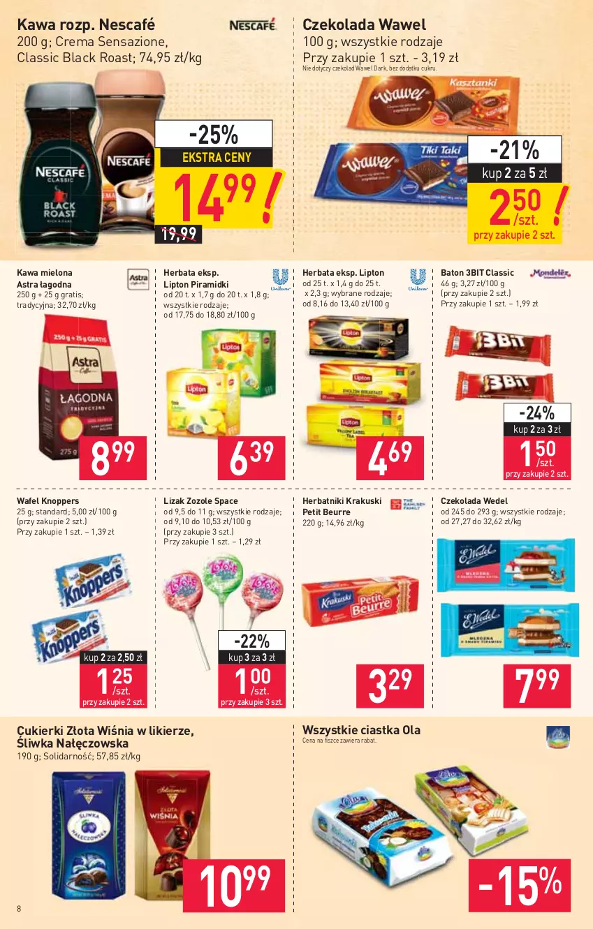 Gazetka promocyjna Stokrotka - Supermarket - ważna 29.04 do 05.05.2021 - strona 8 - produkty: Baton, Ciastka, Cukier, Cukierki, Czekolada, Gra, Herbata, Herbatniki, Kawa, Kawa mielona, Knoppers, Krakus, Krakuski, Lack, Likier, Lipton, Nescafé, Wawel