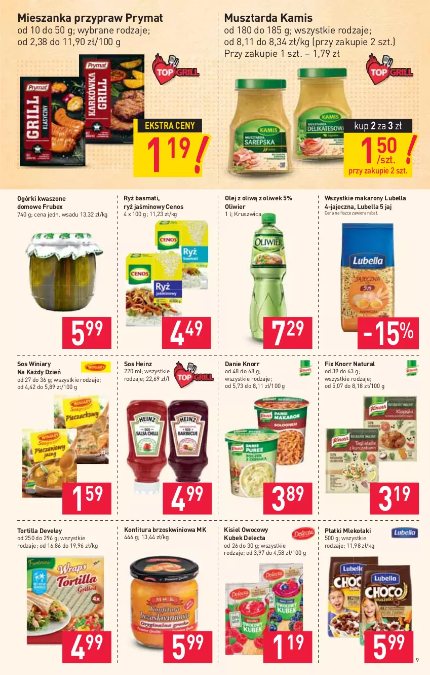 Gazetka promocyjna Stokrotka - Supermarket - ważna 29.04 do 05.05.2021 - strona 9 - produkty: Bell, Bella, Cenos, Delecta, Heinz, Kamis, Kisiel, Knorr, Konfitura, Kubek, Lubella, Makaron, Mleko, Mus, Musztarda, Olej, Prymat, Ryż, Ryż basmati, Sos, Tortilla, Winiary