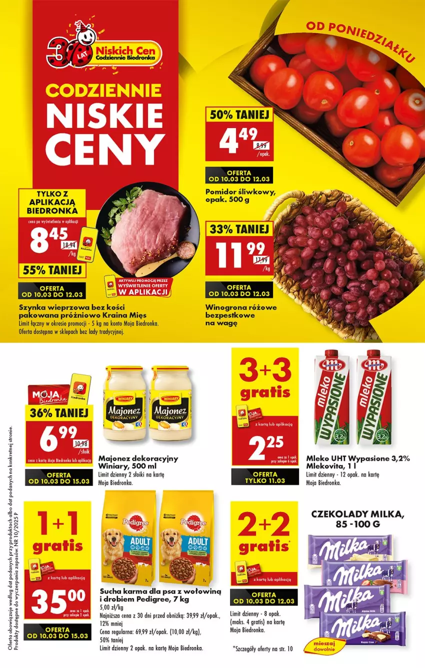 Gazetka promocyjna Biedronka - Od Poniedziałku - ważna 10.03 do 15.03.2025 - strona 1 - produkty: Gra, Kret, Majonez, Milka, Mleko, Mlekovita, Pedigree, Sucha karma, Szynka, Szynka wieprzowa, Winiary, Wino, Winogrona