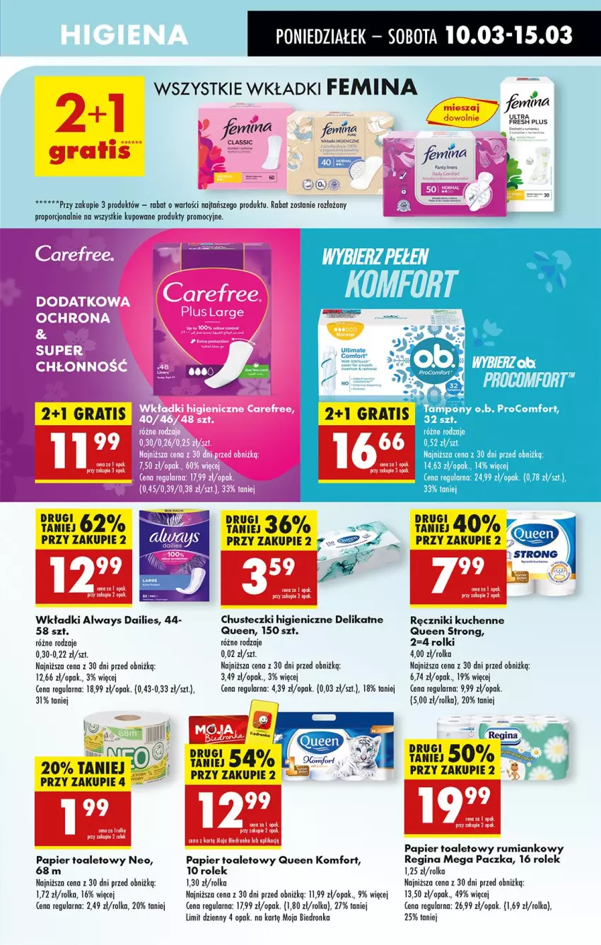 Gazetka promocyjna Biedronka - Od Poniedziałku - ważna 10.03 do 15.03.2025 - strona 61 - produkty: Always, Carefree, Chusteczki, Fa, Gin, O.B., Papier, Papier toaletowy, Por, Ręcznik, Rolki, Rum, Tampony, Wkładki