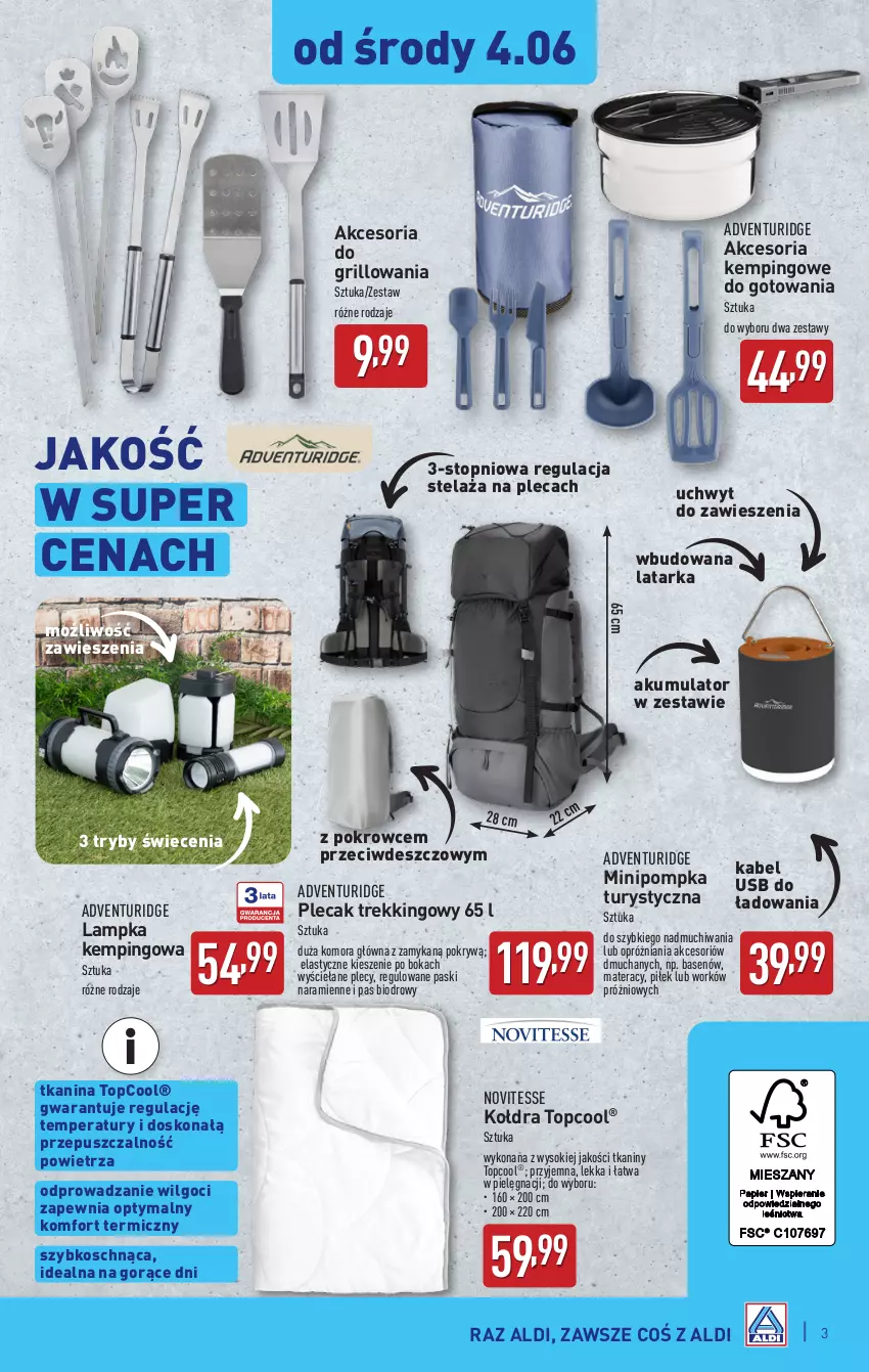 Gazetka promocyjna Aldi - Artykuły przemysłowe i tekstylia - ważna 04.06 do 07.06.2025 - strona 3 - produkty: Akumulator, Grill, Kabel USB, Kołdra, Latarka, LG, Materac, Plecak, Pompka, Sok, Tarka, Tera, Top
