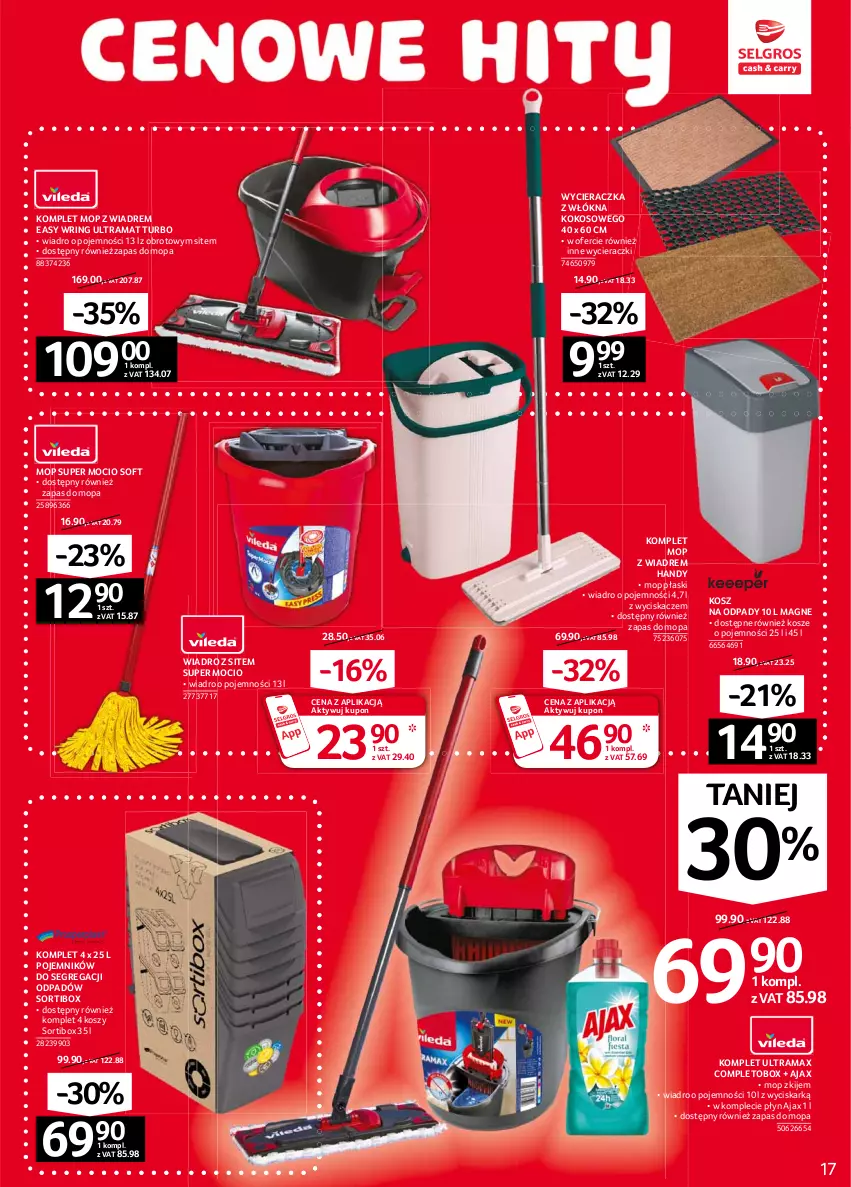 Gazetka promocyjna Selgros - Oferta przemysłowa - ważna 04.02 do 17.02.2021 - strona 17 - produkty: Ajax, Kije, Kokos, Kosz, Kosz na odpady, Mop, Pojemnik, Rama, Wiadro, Wycieraczka