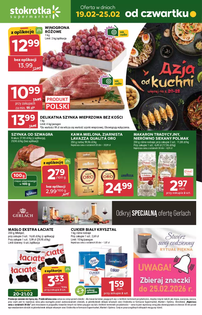 Gazetka promocyjna Stokrotka - Supermarket - ważna 19.02 do 25.02.2026 - strona 1 - produkty: Cukier, Gra, Kawa, Kawa mielona, Krakus, Lavazza, Makaron, Masło, Mięso, Olma, Optima, Owoce, Szynka, Szynka wieprzowa, Torba, Warzywa, Wino, Winogrona