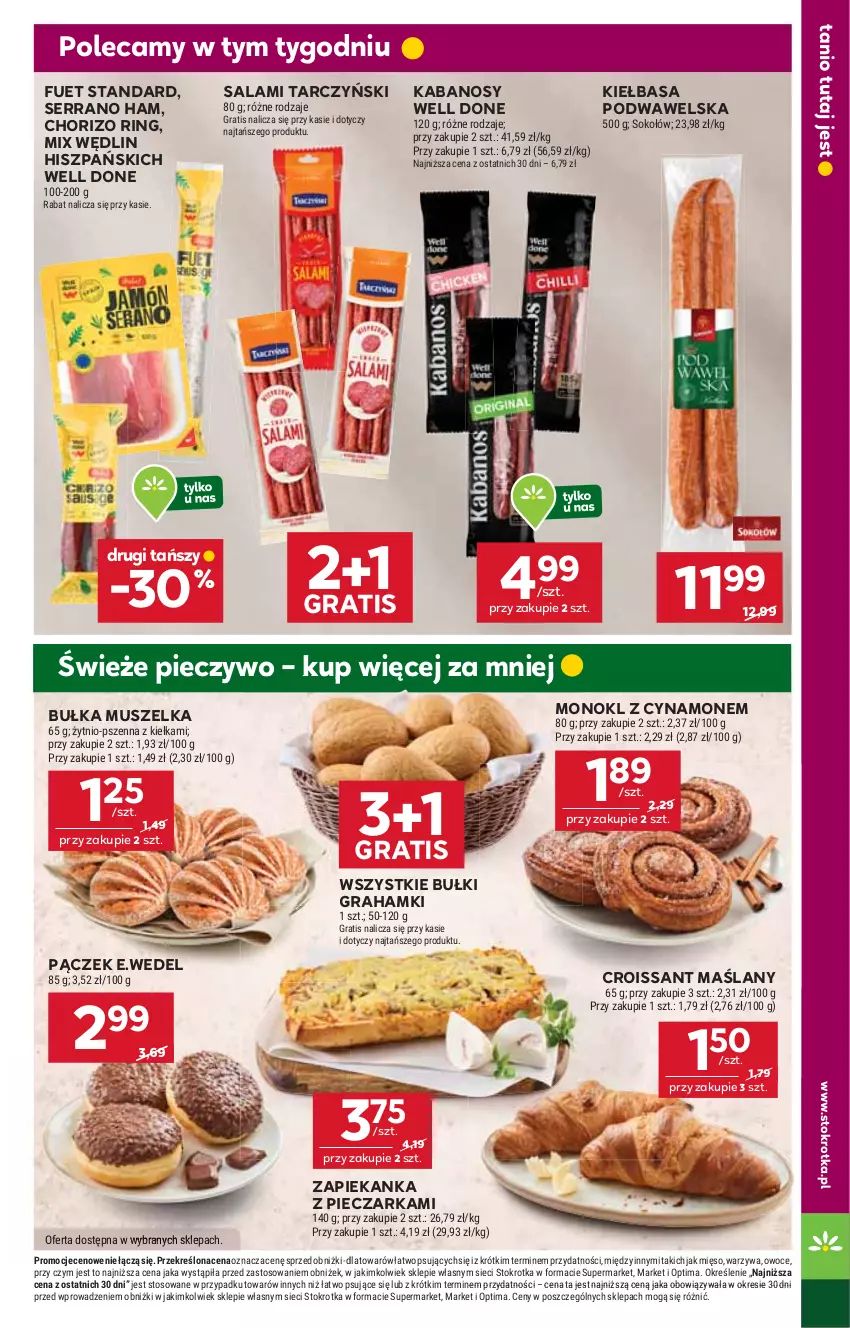 Gazetka promocyjna Stokrotka - Supermarket - ważna 19.02 do 25.02.2026 - strona 13 - produkty: Bułka, Croissant, Gra, Kabanos, Kiełbasa, Kiełbasa podwawelska, Mięso, Mus, Optima, Owoce, Pączek, Piec, Pieczarka, Pieczywo, Salami, Ser, Sok, Sokołów, Tarczyński, Warzywa, Wawel, Zapiekanka