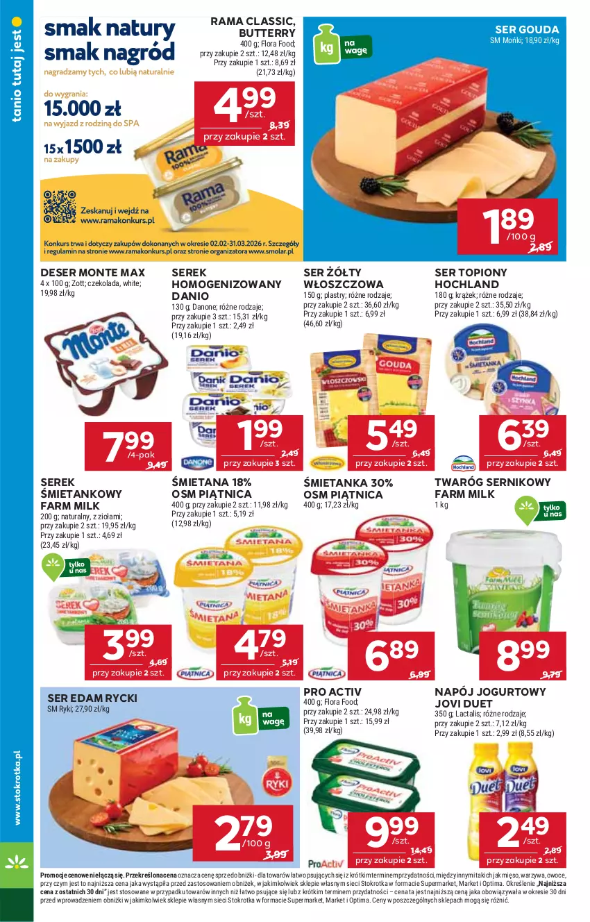 Gazetka promocyjna Stokrotka - Supermarket - ważna 19.02 do 25.02.2026 - strona 14 - produkty: Czekolada, Danio, Danone, Deser, Edam, Fa, Farm Milk, Flora, Gouda, Hochland, Jogurt, Mięso, Monte, Napój, Napój jogurtowy, Optima, Owoce, Piątnica, Rama, Ser, Ser topiony, Serek, Serek homogenizowany, Top, Twaróg, Warzywa, Zott