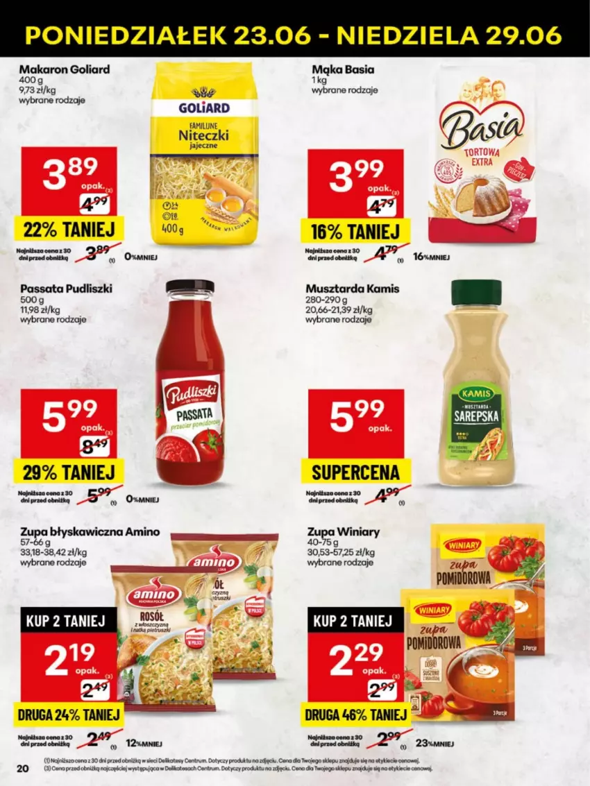 Gazetka promocyjna Delikatesy Centrum - Franczyza DC26 Poniedziałek - ważna 23.06 do 29.06.2025 - strona 20 - produkty: Basia, Fa, Goliard, Kamis, Mąka, Makaron, Mus, Musztarda, Pudliszki, Rum, Zupa