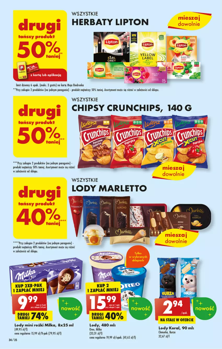 Gazetka promocyjna Biedronka - Gazetka - Biedronka.pl - ważna 13.03 do 18.03.2023 - strona 34 - produkty: Chipsy, Crunchips, Fa, Gra, Lipton, Lody, Milka, Oreo, Por, Sos