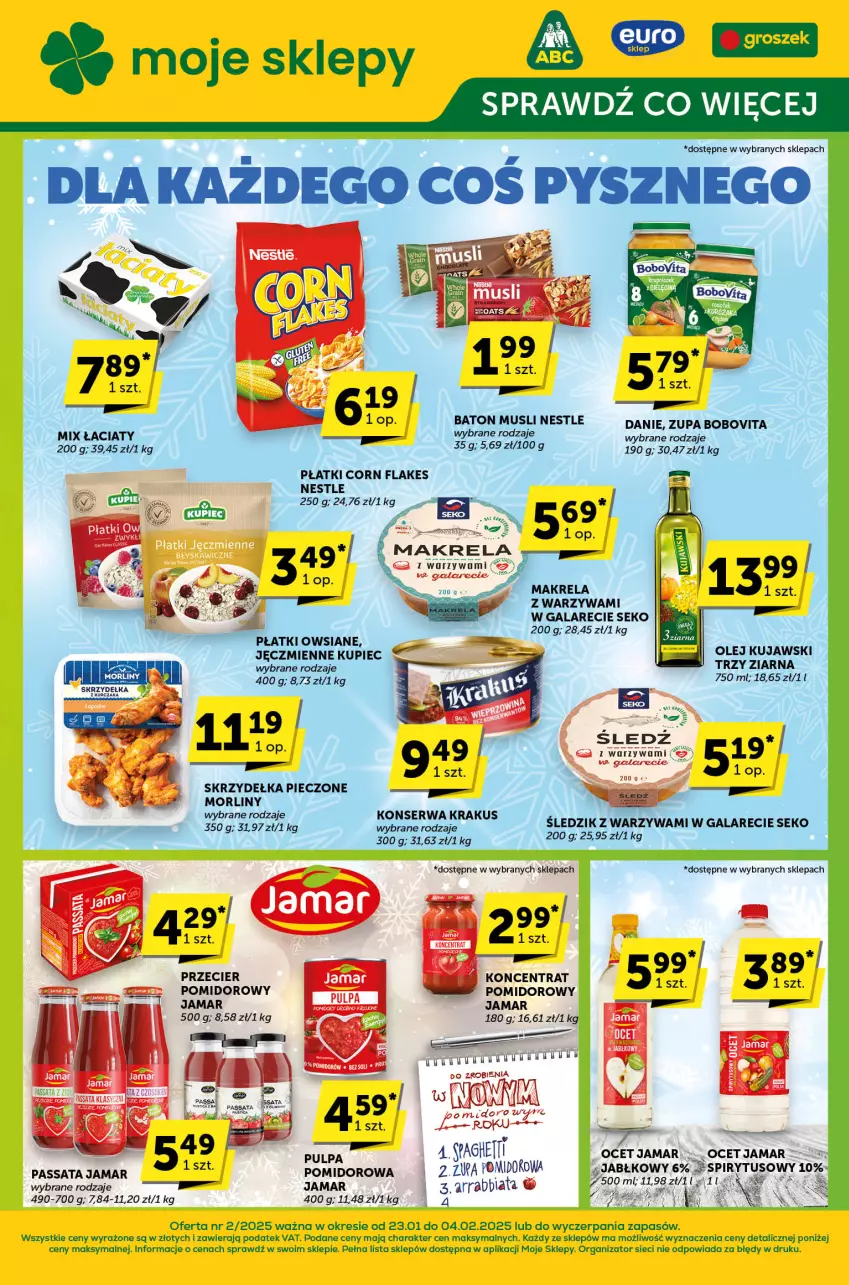 Gazetka promocyjna ABC - ważna 23.01 do 04.02.2025 - strona 1 - produkty: Baton, BoboVita, Corn flakes, Gala, Kosz, Kujawski, Kupiec, Morliny, Mus, Ocet, Olej, Piec, Płatki owsiane, SEKO, Skrzydełka pieczone, Warzywa, Zupa