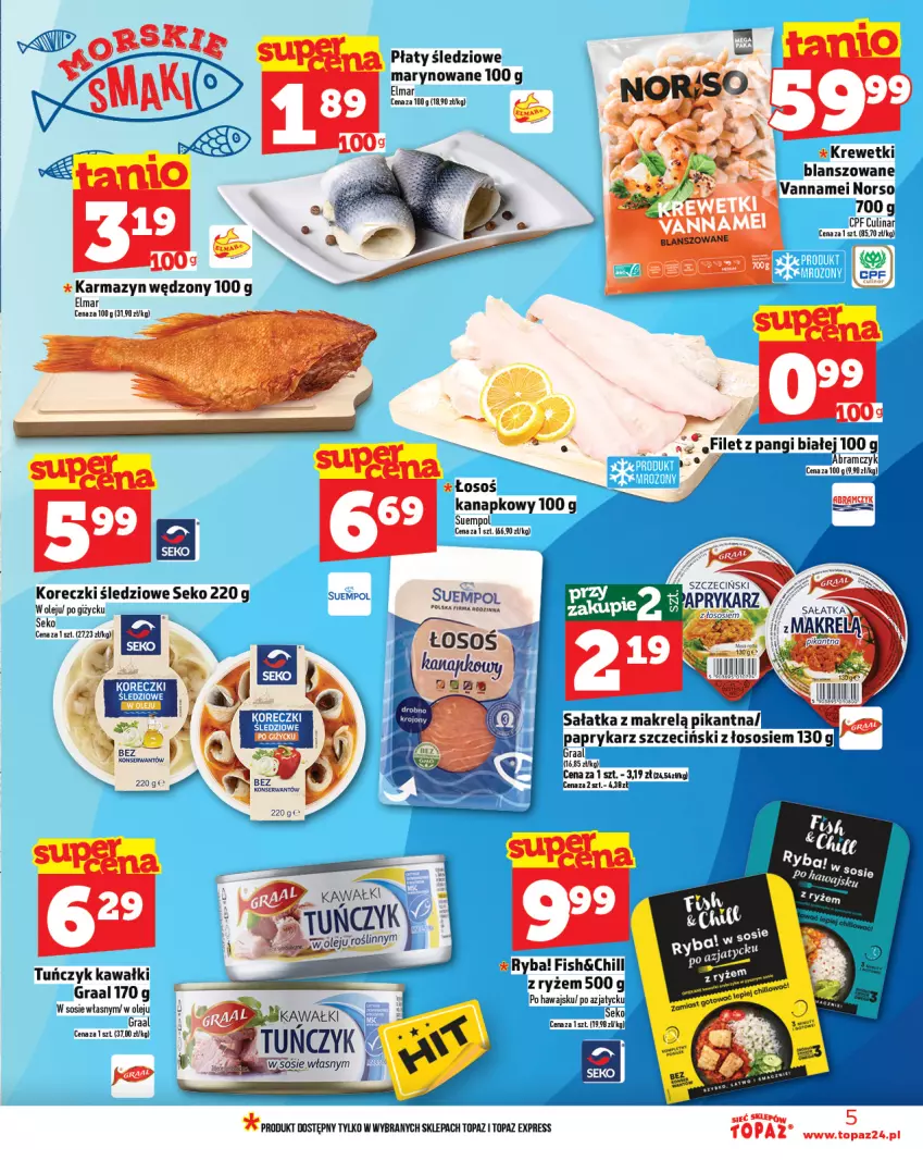 Gazetka promocyjna Topaz - Gazetka - ważna 13.02 do 19.02.2025 - strona 5 - produkty: Ba!, Filet z pangi, Gra, Graal, Karmazyn wędzony, Kawa, Koreczki śledziowe, Krewetki, Makrelą, Olej, Papryka, Paprykarz, Paprykarz szczeciński, Płaty śledziowe, Ryba, Ryż, Sałat, Sałatka, Sałatka z makrelą, SEKO, Ser, Sos, Suempol, Top, Tuńczyk