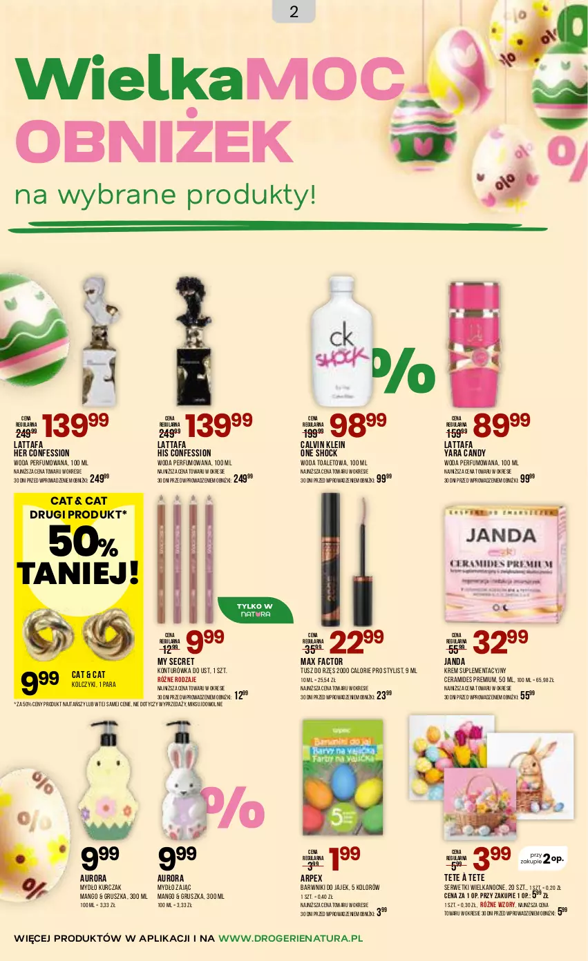Gazetka promocyjna Drogerie Natura - Gazetka Drogerie Natura - ważna 18.03 do 30.03.2026 - strona 2 - produkty: Calvin Klein, Candy, Fa, Kolczyki, Konturówka do ust, Kurczak, Mango, Max Factor, Mydło, Perfum, Ser, Serwetki, Tusz, Woda, Woda perfumowana, Woda toaletowa