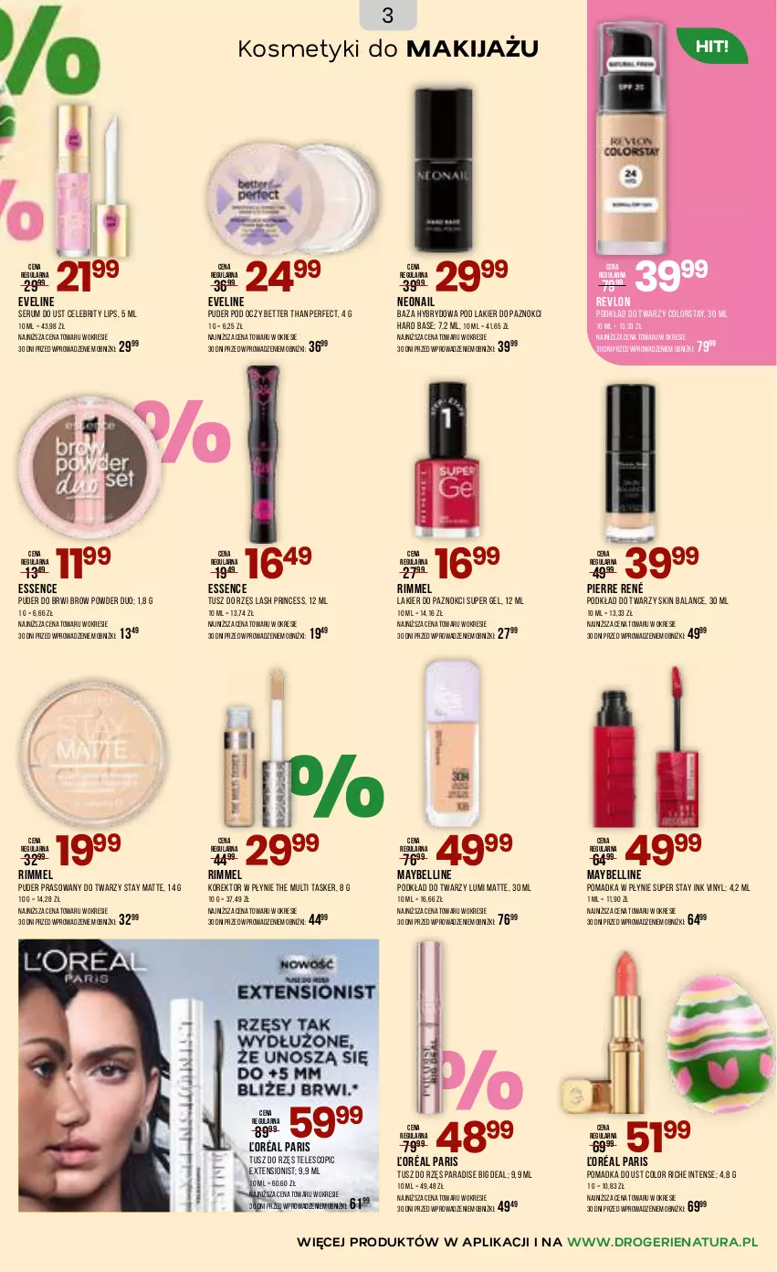 Gazetka promocyjna Drogerie Natura - Gazetka Drogerie Natura - ważna 18.03 do 30.03.2026 - strona 3 - produkty: Bell, Brit, Eveline, Lakier, Lakier do paznokci, Makijaż, Maybelline, NeoNail, Pierre René, Podkład, Podkład do twarzy, Puder, Puder prasowany, Revlon, Rum, Ser, Serum, Tusz