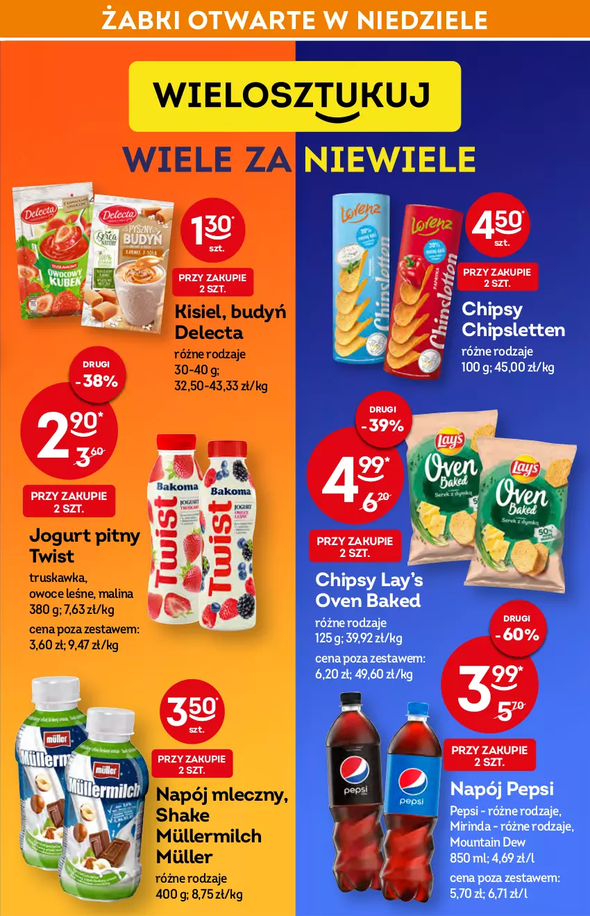 Gazetka promocyjna Żabka - ważna 02.03 do 08.03.2022 - strona 23 - produkty: Budyń, Chipsy, Delecta, Jogurt, Jogurt pitny, Kisiel, Lay’s, Mirinda, Müller, Müllermilch, Napój, Napój mleczny, Owoce, Pepsi