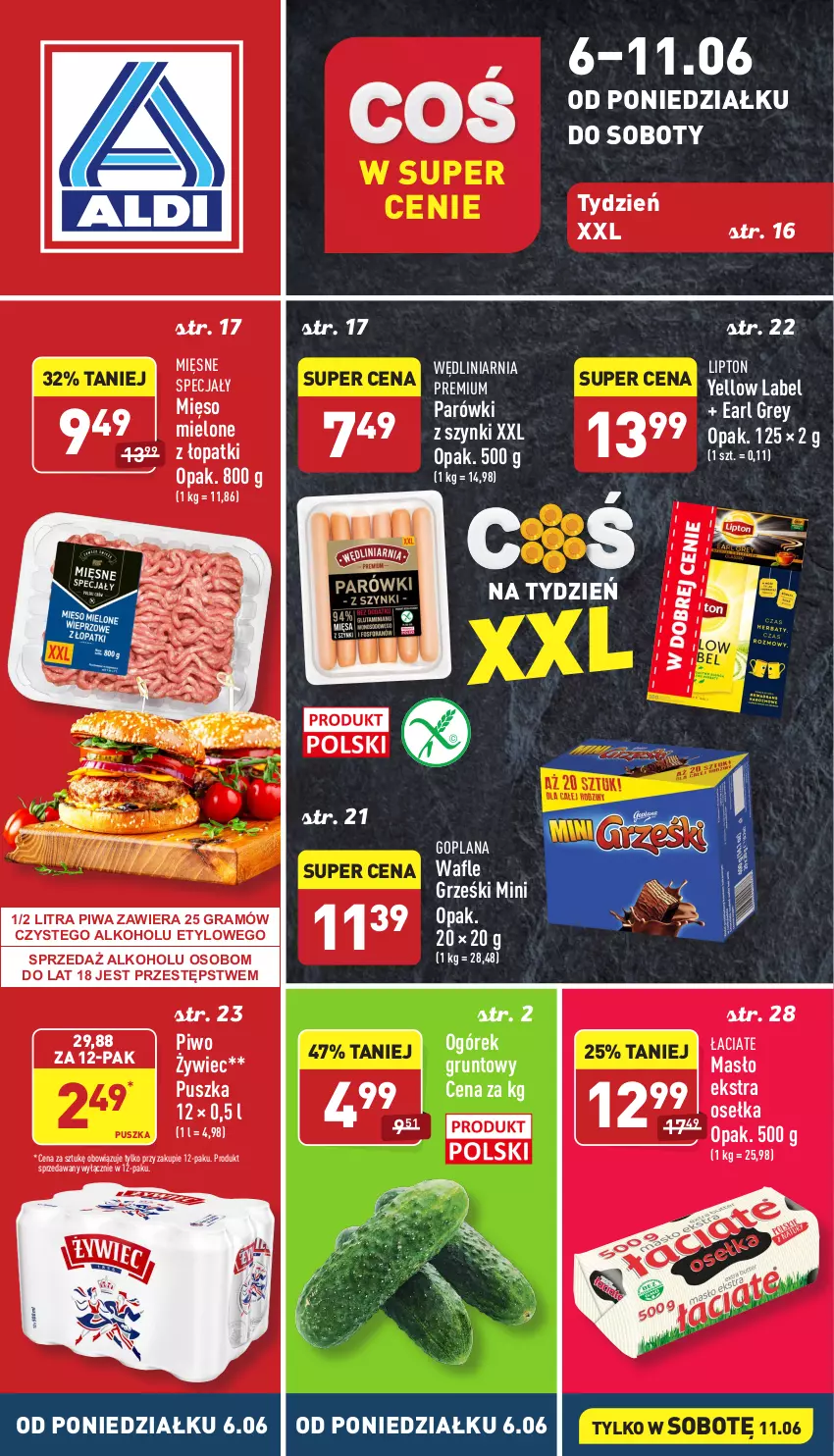 Gazetka promocyjna Aldi - Katalog spożywczy - ważna 06.06 do 11.06.2022 - strona 1 - produkty: Earl Grey, Goplana, Gra, Grunt, Grześki, LANA, Lipton, Masło, Mięsne specjały, Mięso, Mięso mielone, Ogórek, Parówki, Parówki z szynki, Piwa, Piwo, Wafle