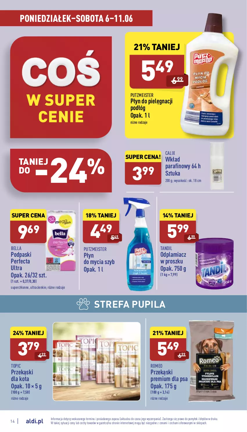 Gazetka promocyjna Aldi - Katalog spożywczy - ważna 06.06 do 11.06.2022 - strona 14 - produkty: Bell, Bella, Fa, Odplamiacz, Perfecta, Płyn do mycia, Podpaski, Przekąski dla kota, Putzmeister, Sok, Top