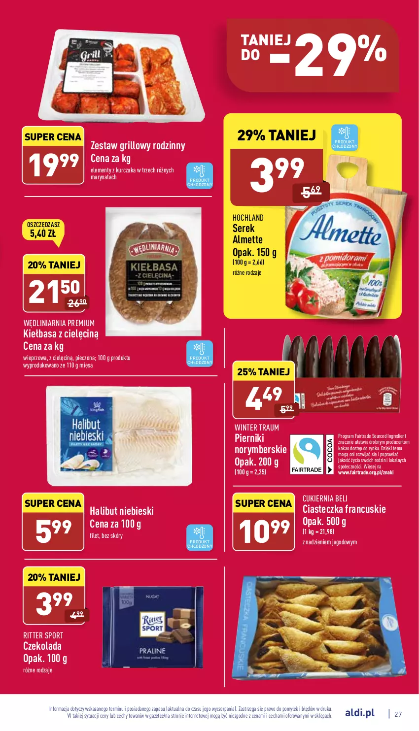 Gazetka promocyjna Aldi - Katalog spożywczy - ważna 06.06 do 11.06.2022 - strona 27 - produkty: Almette, Cukier, Czekolada, Fa, Gra, Grill, Halibut, Hochland, Kakao, Kiełbasa, Kurczak, Piec, Piernik, Por, Ritter Sport, Ser, Serek, Sport